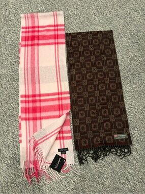 Pink Plaid & Brown Patterned Cashmere Scarves - Set of 2